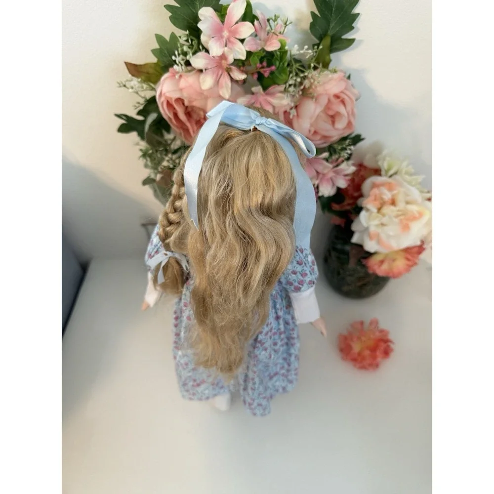 Porcelain Doll Blond Braids Hair Floral Print & White Lace Dress 16